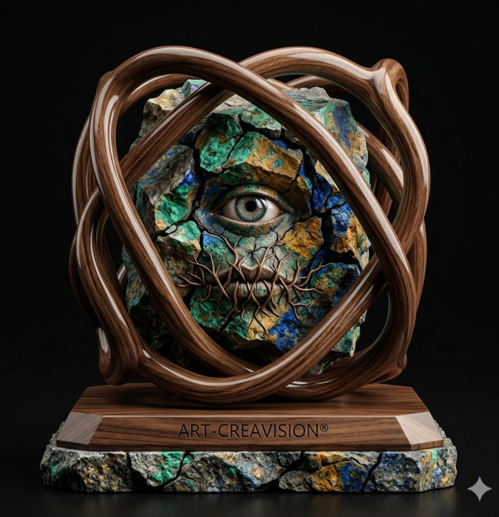 VISION — Sculpture unique N°003 en Azurite et Noyer, anneaux entrelacés, 510 €